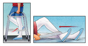 Advanced Excerises and Activities - A post operative knee replacement patient standing with weight supported on a walker doing Standing Knee Bends and laying on a flat surface doing Assisted Knee Bends using a towel draped around the ankle and pulling back with hands to create a resistance